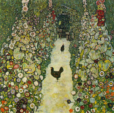 garden path with chickens