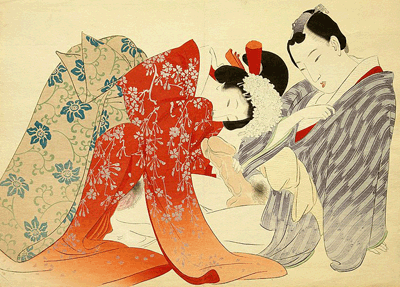 geisha in orange kimono admiring a samurai